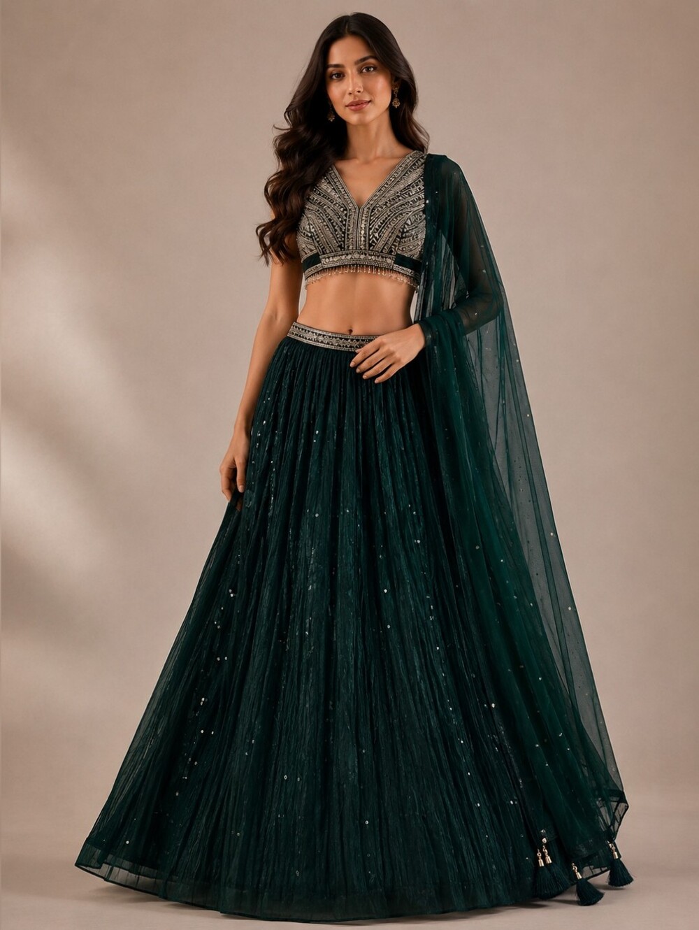 Embroidered Chinon Chiffon in Green Lehenga Choli